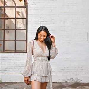 Showpo long sleeve cream and brown polka dot ruffle romper